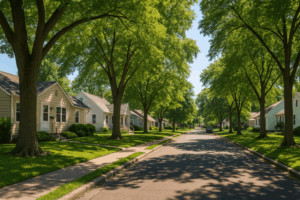 Mature trees along a quiet neighborhood street in Osseo, Minnesota.