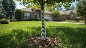 A residential front yard has a younger tree with a white Spiral Tree guard for protection